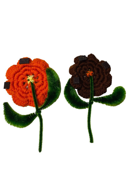 Handmade Vintage 1970s Flower Magnets Orange Brown Crochet Chenille Pipe Cleaner 7"