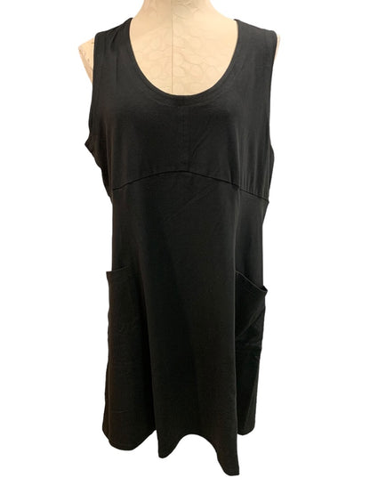 XL Eileen Fisher New Black  Organic Cotton Stretch Jersey Dress Pockets Sleeveless A-Line