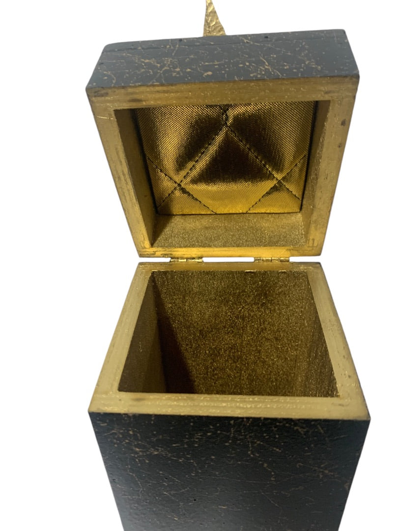 R.Stad Designs Black Gold Hinged Handmade Wood Box Star Topper 18"h x 4" Square