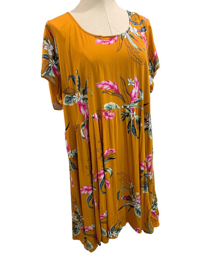 3X Torrid Gold Floral Boho Dress Lightweight Short Sleeve Stretch Rayon