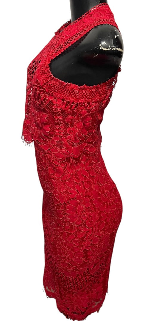 XS Lulus Sweetness Lace Crochet Overlay Sleeveless Fitted Midi Dress Back Zipper Red