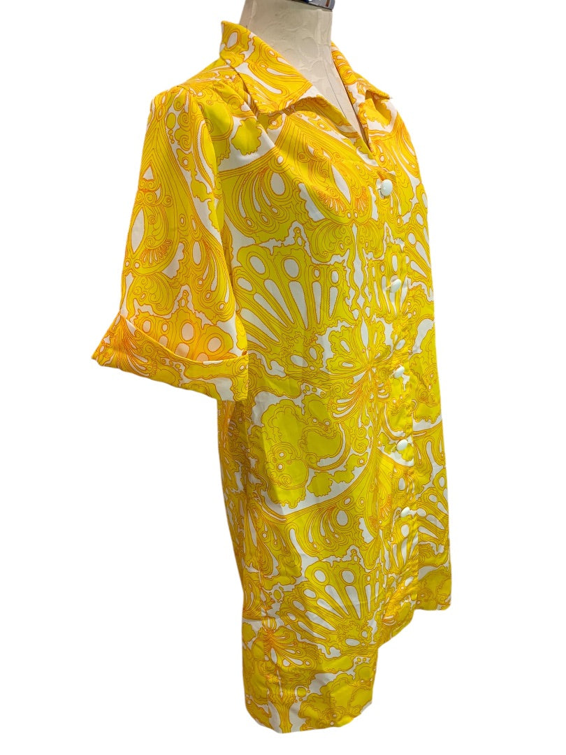 Medium House Dress Vintage 1960s Yellow Print Button Up Polyester