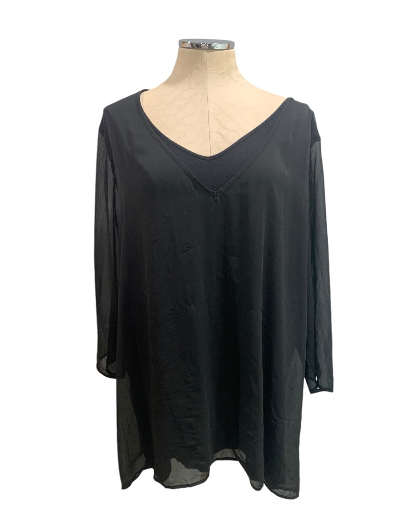 3X New Directions Curvy Soft Black V-Neck Pullover Top Shirt Sheer Sleeve Overlay