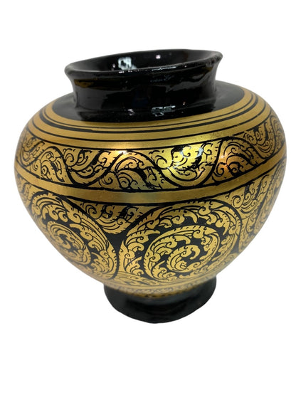 Vintage Vase Black Gold 5 Inches Painted Pottery Pot