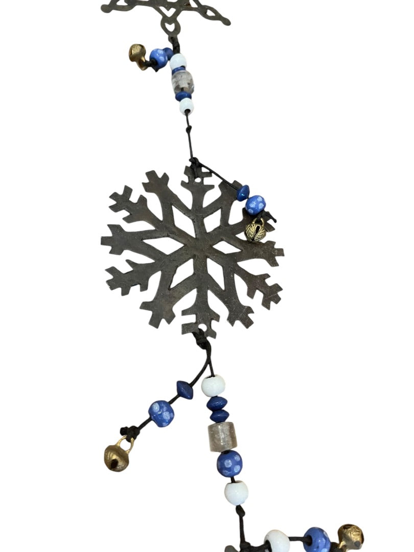 Rustic 3 Metal Snowflakes with Beads  Bells Windchime 24 Length