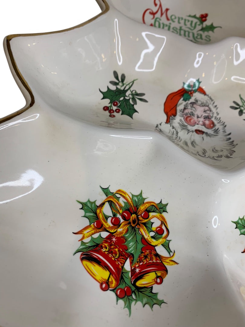 Vintage MCM Holiday Christmas Candy Nut Dish Santa Gold Trim 14 Inch