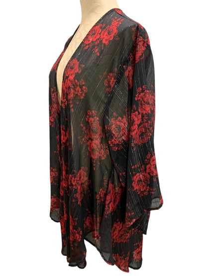 1X/2X Torrid Womens Open Kimono Rose Print Silver Threading