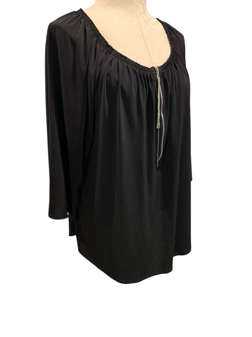 Large (16) Chicos Womens Black Shirt Off Shoulder Silver Tassel Zipper