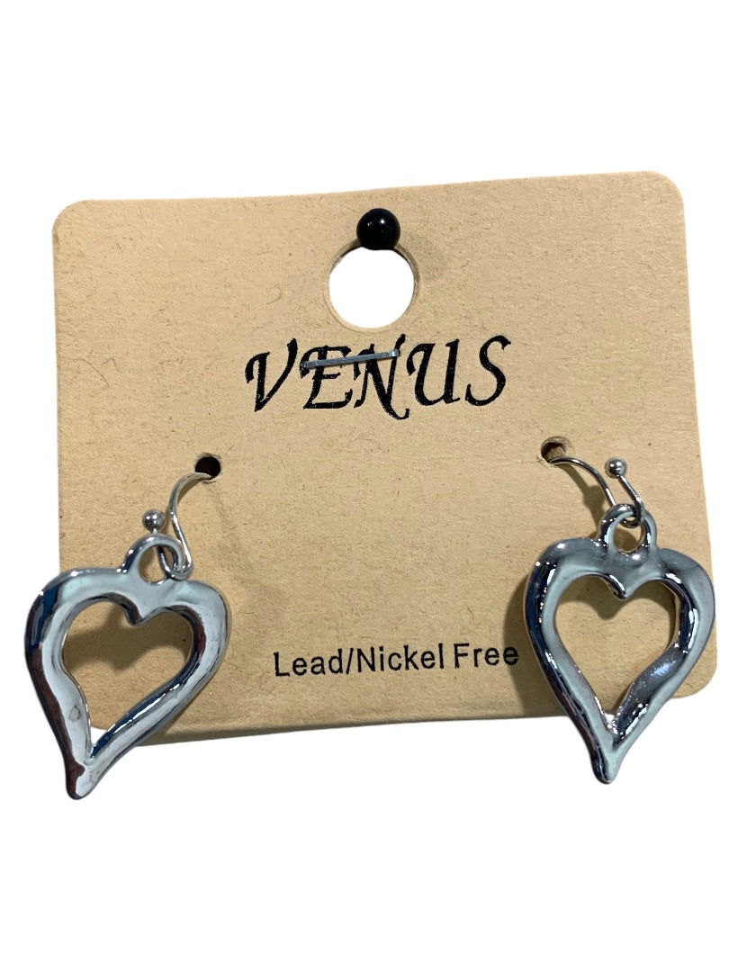 Venus Silvertone Heart Pierced Dangle 1.25 Inch Drop Earrings Hook