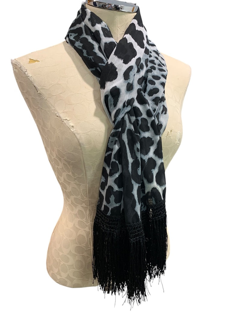 Womens Animal Print Fringed Scarf Lightweight Black White 84x18 Inches