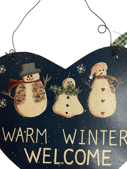 Wooden Heart Hanging Sign Plaque Warm Winter Welcome Snowman 6 Inch