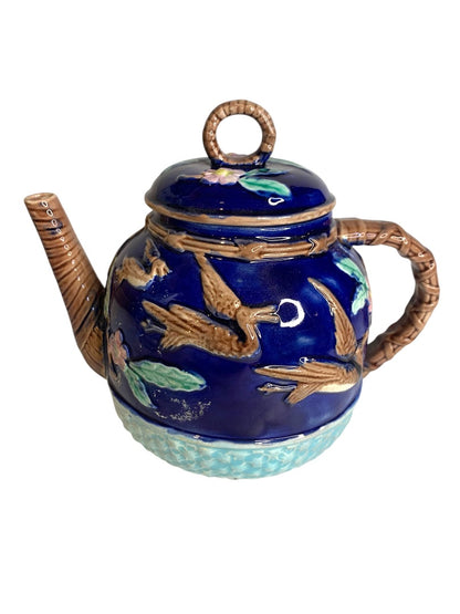 Majolica Flying Crane Teapot Cobalt Blue Forester Aesthetic