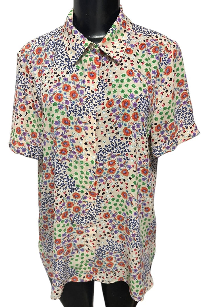 Large Rachel Zoe Womens Short Sleeve Button Up Shirt Blouse Floral