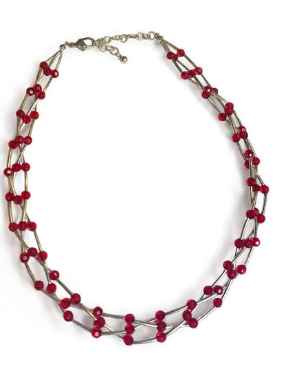 Silvertone Red Braided Strand Beaded Necklace 15-17 Inches Lobster Clasp