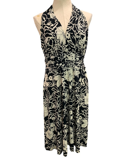 Size 12 Jones Wear Dress Black Ivory Print Pullover Stretch A-Line Midi