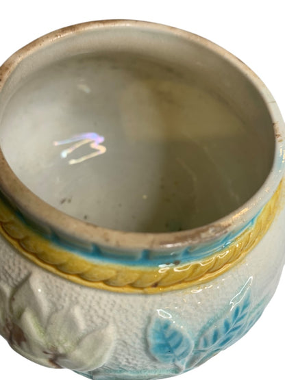 Antique Majolica Water Lily Pond Jar 3.5 Inch High Marked "D"