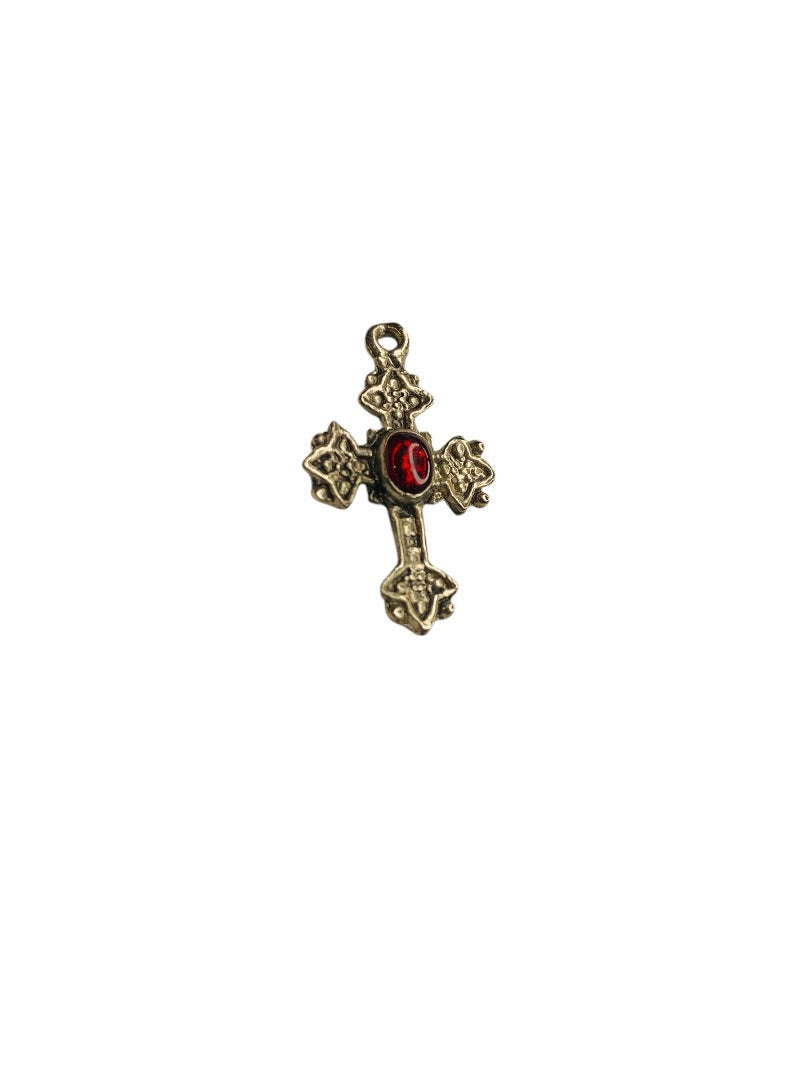 Silvertone Cross Pendant Charm Red Acrylic Inset 1.1 Inch Drop