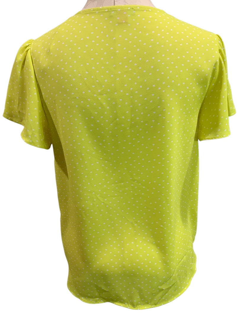 XS Vince Camuto Womens Pullover Chartreuse Dot Shirt Blouse Short Sleeve