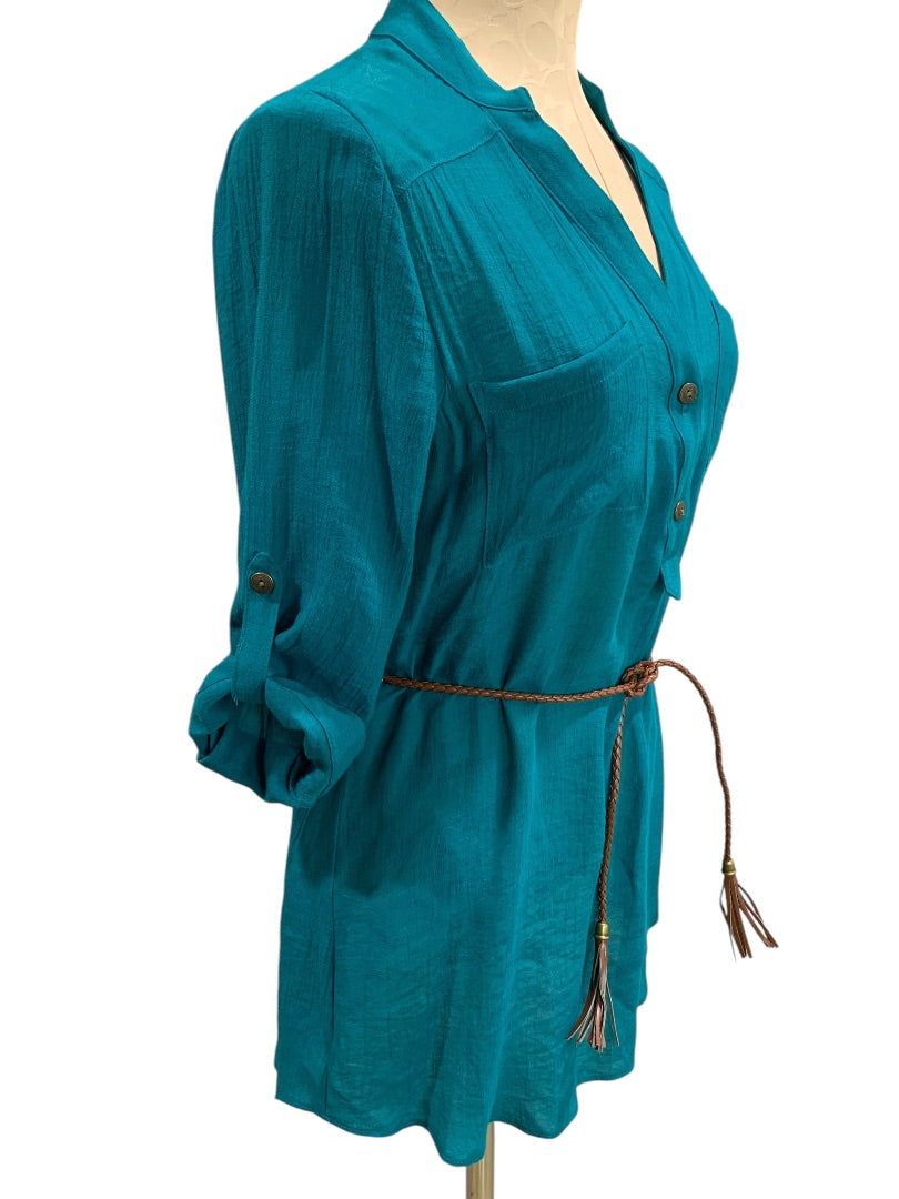 Medium A.Byer Womens New Teal Tunic Blouse Shirt Belted