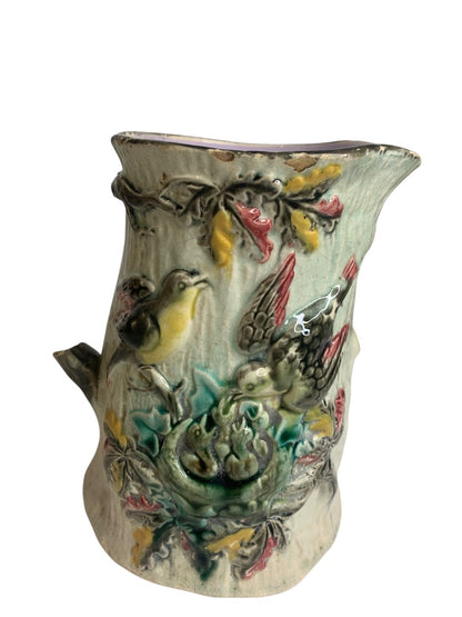 Antique Majolica Pottery Pitcher Bird Family Nest 7 Inch