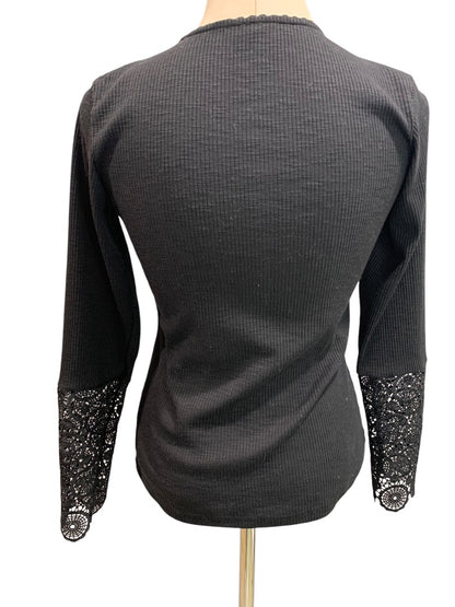 Small Unbranded Black Ribbed Womens Shirt Lace Trim Sleeve