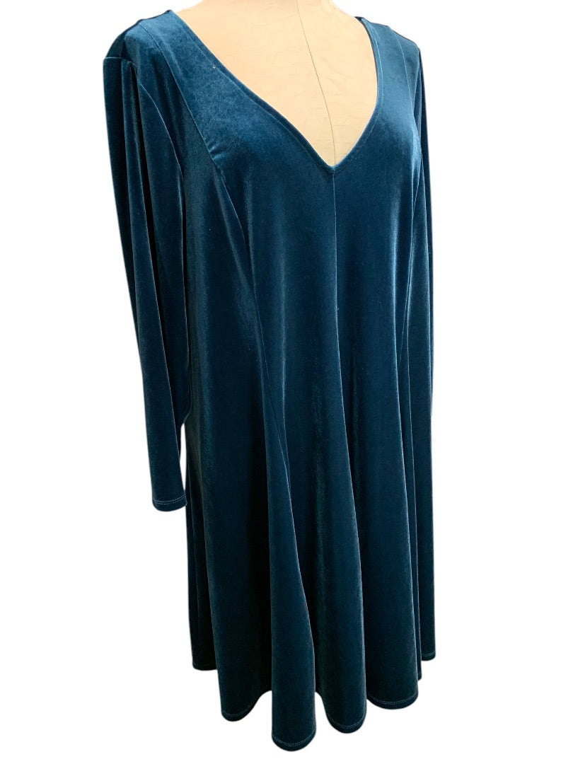 2X Torrid Deep Teal Velour A-Line Dress V-Neck Stretch Swing