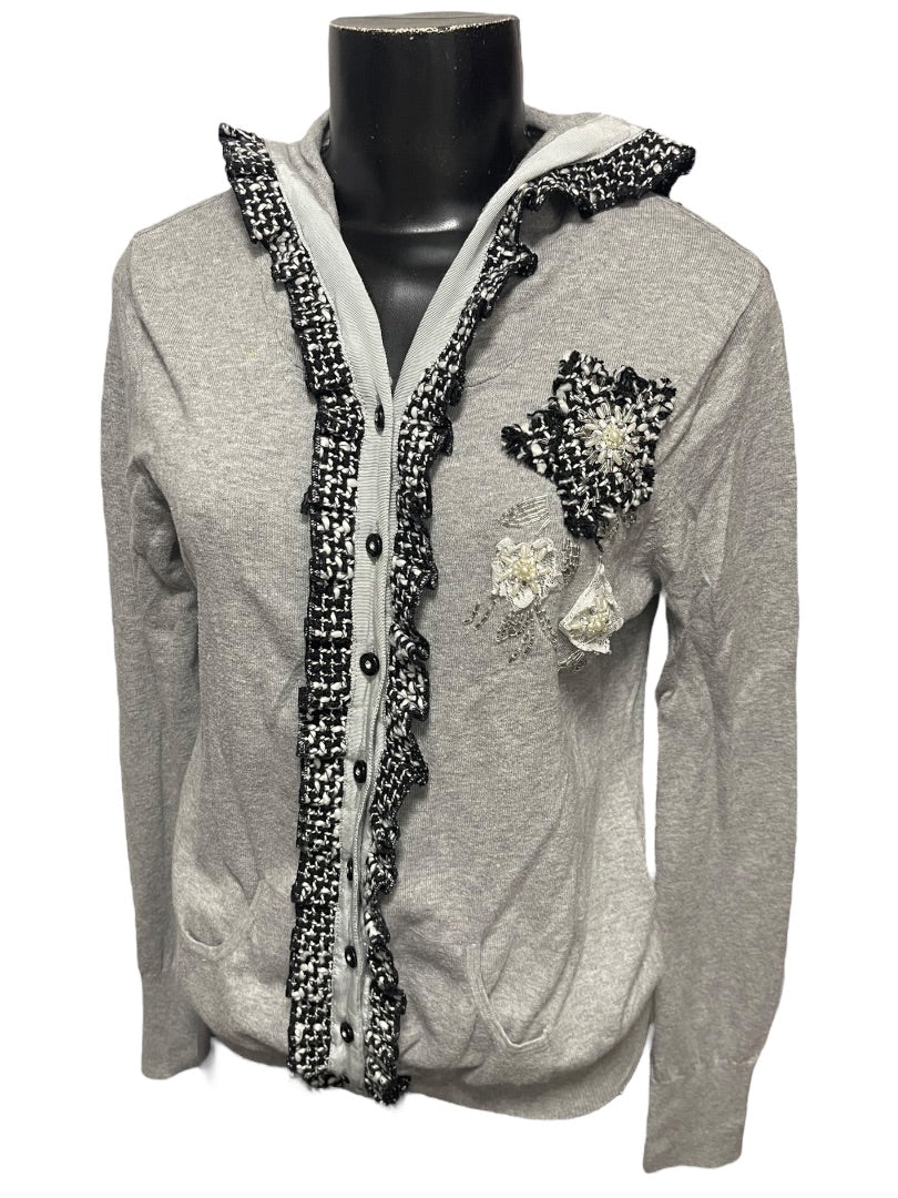 Large Charlotte Womens Gray Cardigan Sweater Hooded Cotton Rosettes