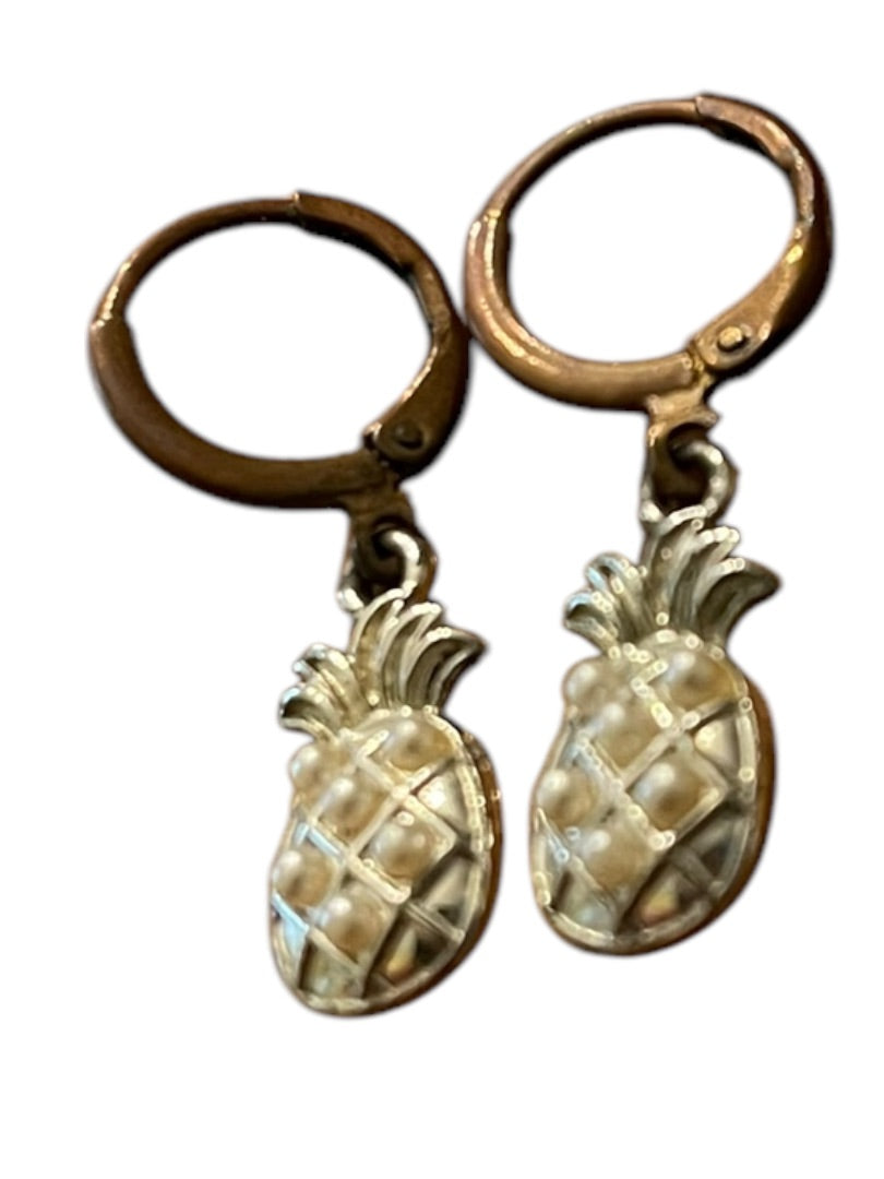 Pineapple Silvertone Copper Hook Faux Pearl 1.25" Pierced Earrings