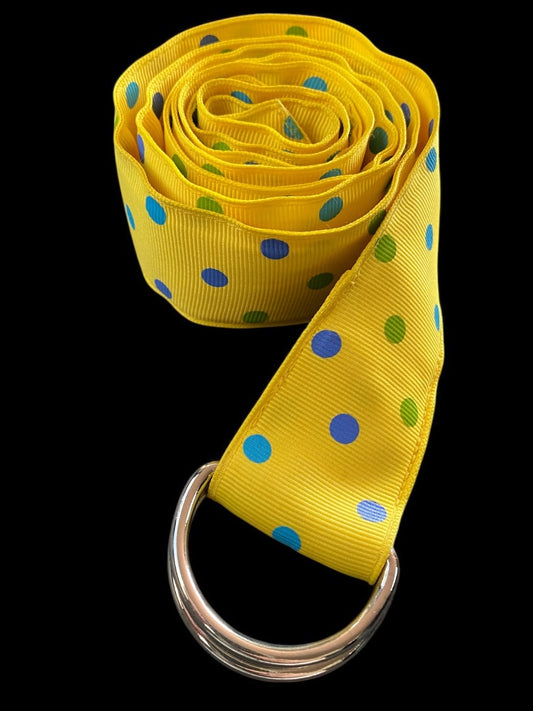 XL Womens D-Ring Ribbon Belt Preppy Yellow Polka Dot 1.5 Inch Width