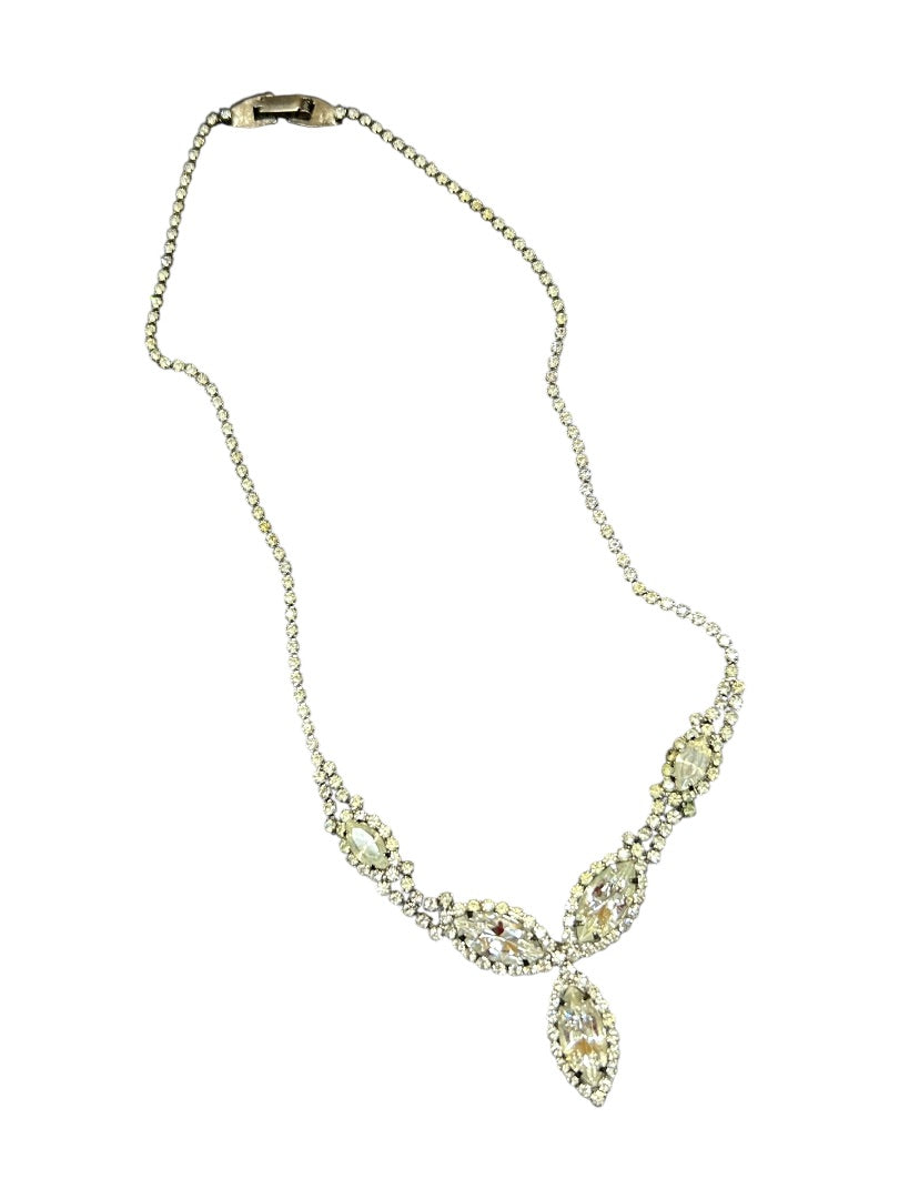 Vintage Rhinestone Necklace Silvertone 16 Inch Foldover Clasp 1.5" Drop