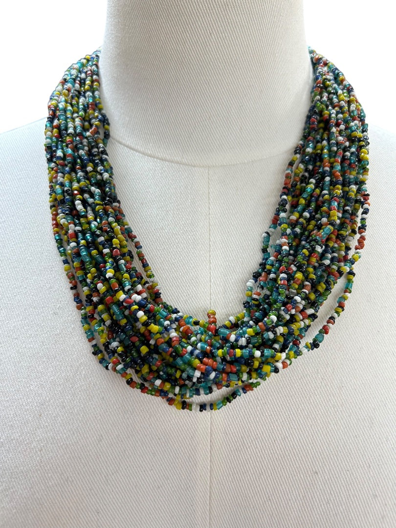 Multistrand Statement Seed Bead Necklace Twish Button Closure 23 Inch