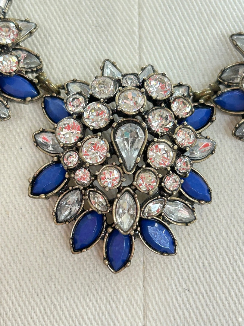 LOFT Chunky Statement Necklace Antiqued Goldtone Blue 20.5 Inch