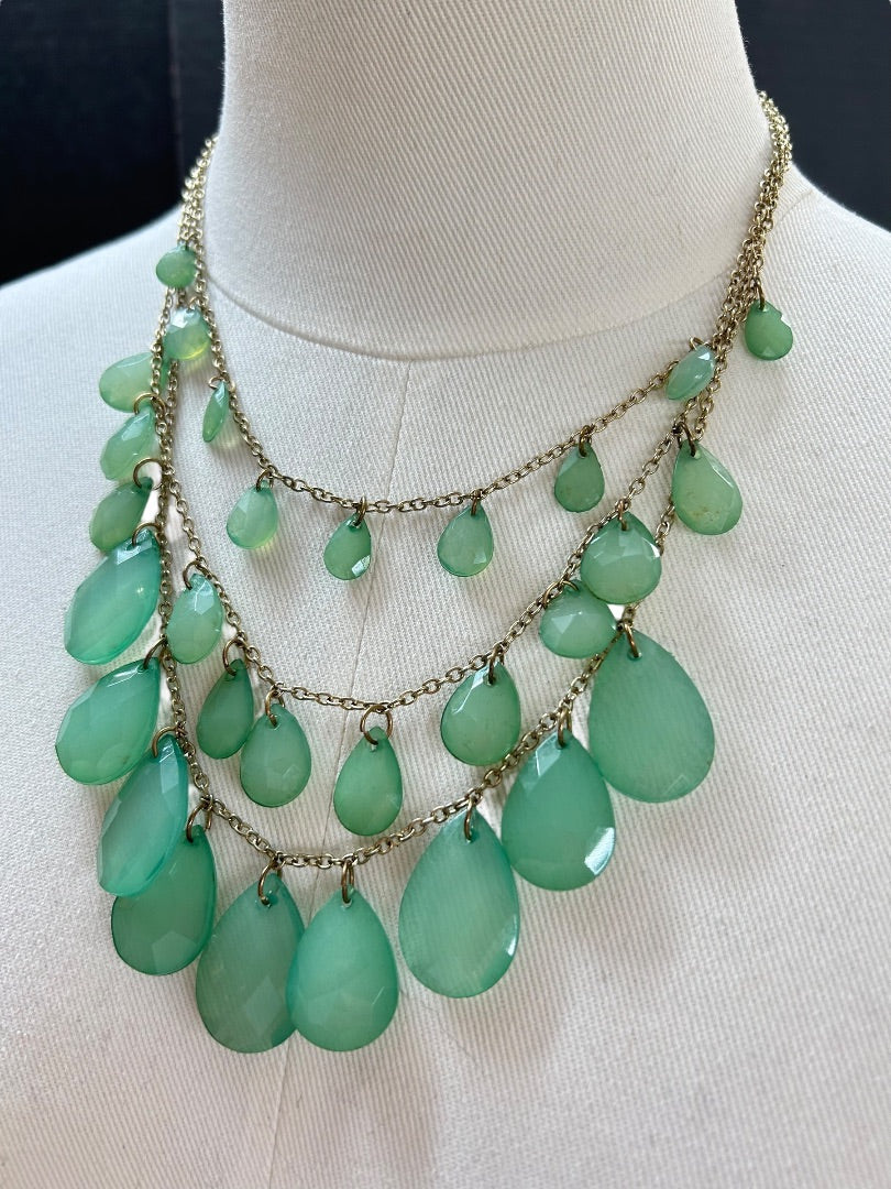 Goldtone Green Statement Tiered Necklace Acrylic Faceted 18-20 Inch