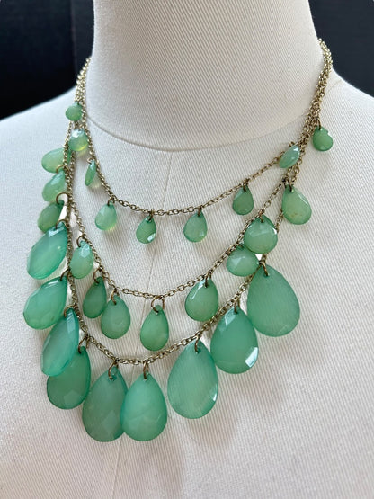 Goldtone Green Statement Tiered Necklace Acrylic Faceted 18-20 Inch