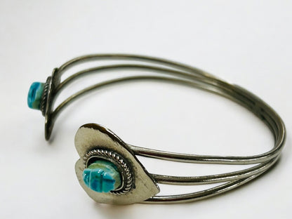 Silvertone Open Bangle Bracelet 2 Hearts Polymer Clay Faux Turquoise