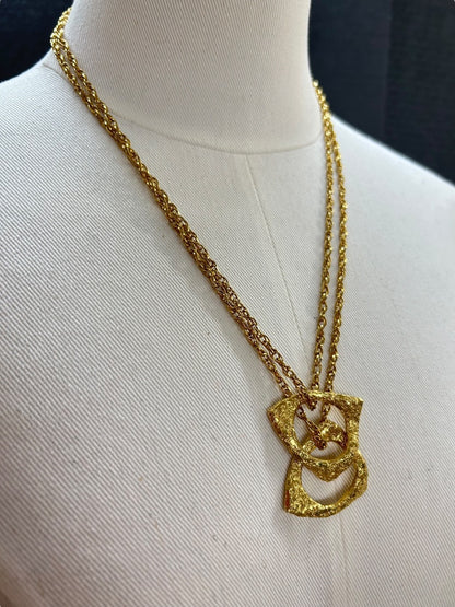 Goldtone Statement Necklace Double Strand 21 Inch Oversize Pendants