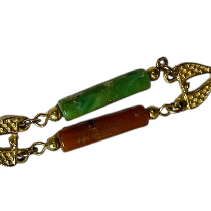 Vintage Emmons Long Tassel Necklace Goldtone Green Orange Acrylic Beads 36 Inch