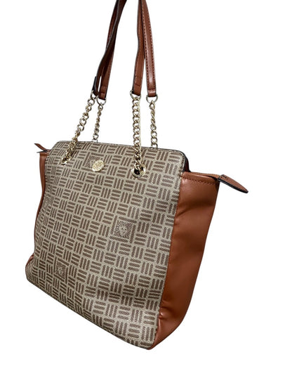 Anne Klein Tote Bag Brown Tan Monogram Chain Strap Purse Zip Pocket Logo