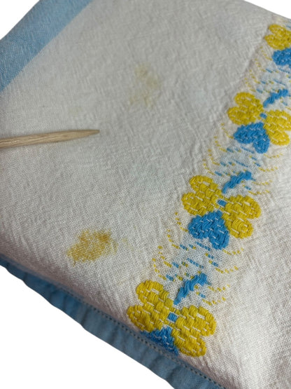Vintage Tablecloth Linen Blue Yellow Embroidered 48 x 66 Inch Table Linen
