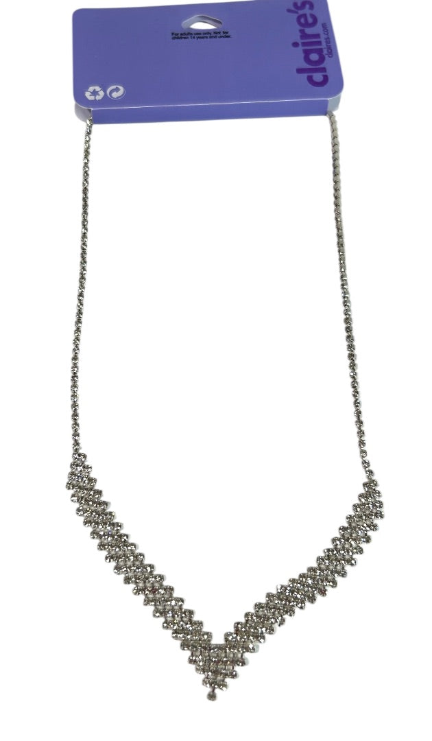 Claires Silvertone Rhinestone V-Necklace New Lobster Clasp 18-22 Inch
