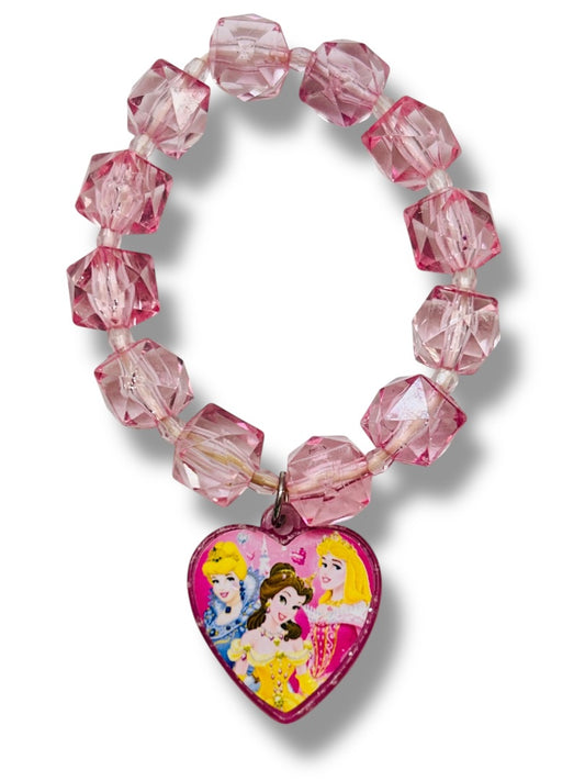 Acrylic Stretch Bracelet Princess Heart Charm Faceted Square Pink