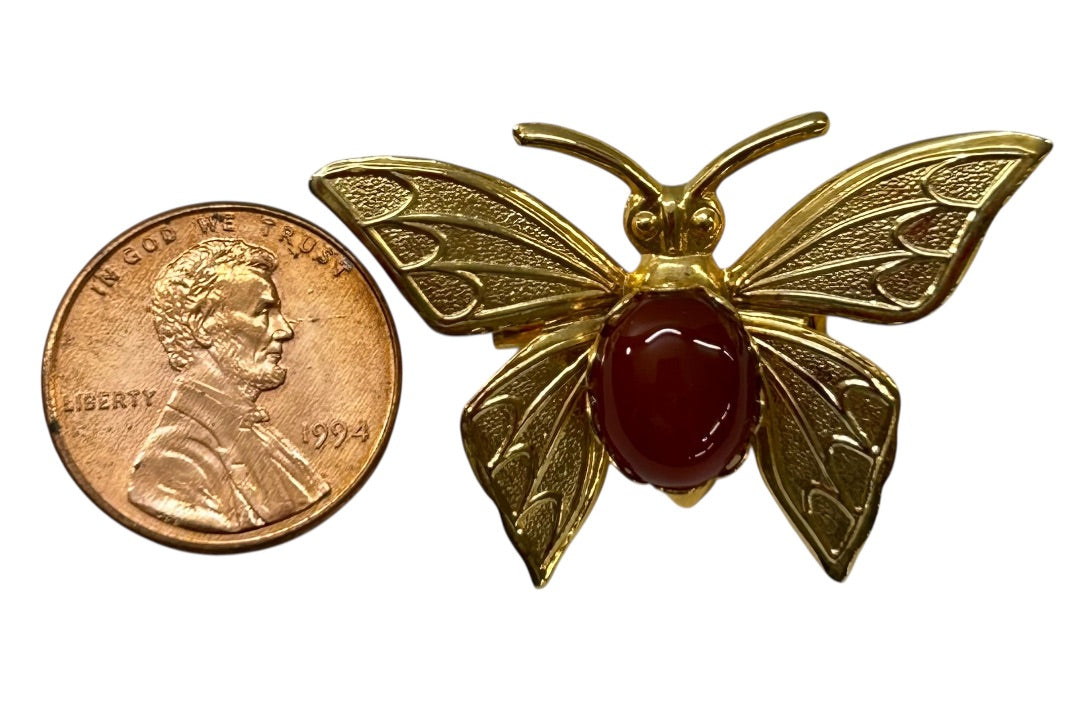 Vintage Goldtone Butterfly Brooch Pin Cabochon Stone 1.5 Inch