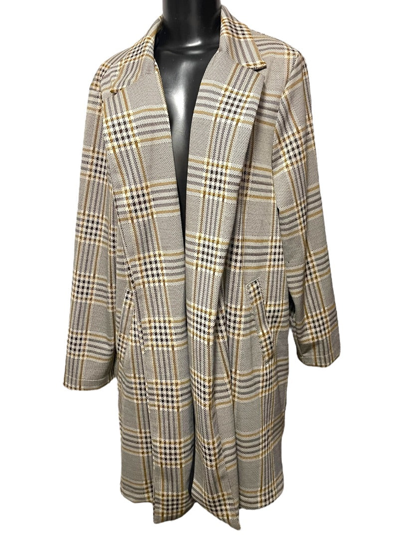 1X Melloday Collared Long Plaid Open Jacket Pockets Womens Retro