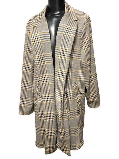 1X Melloday Collared Long Plaid Open Jacket Pockets Womens Retro
