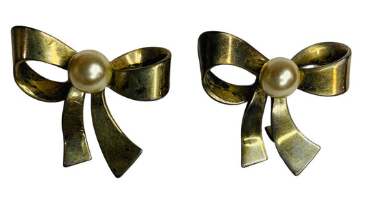 Sterling Silver Goldtone Bow Earrings Clip-On Screwback Faux Pearl .9 Inch