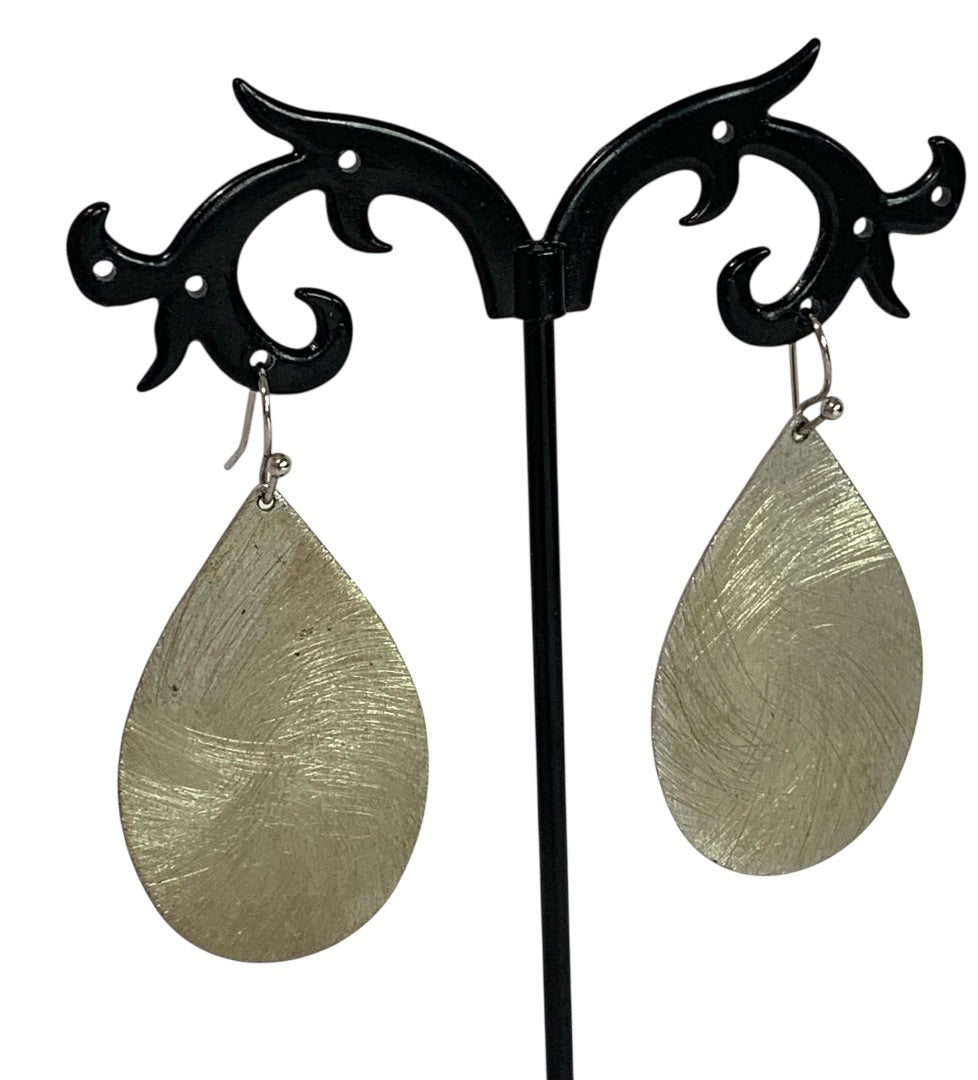 Brushed Silvertone Statement Earrings Fishhook Pierced 1.9 Inch Drop Dangle