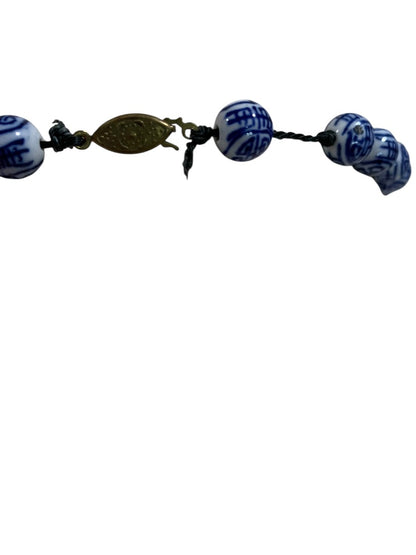 Vintage Asian Ceramic Beaded Hand Knotted Necklace 21 Inch Fish Hook Clasp