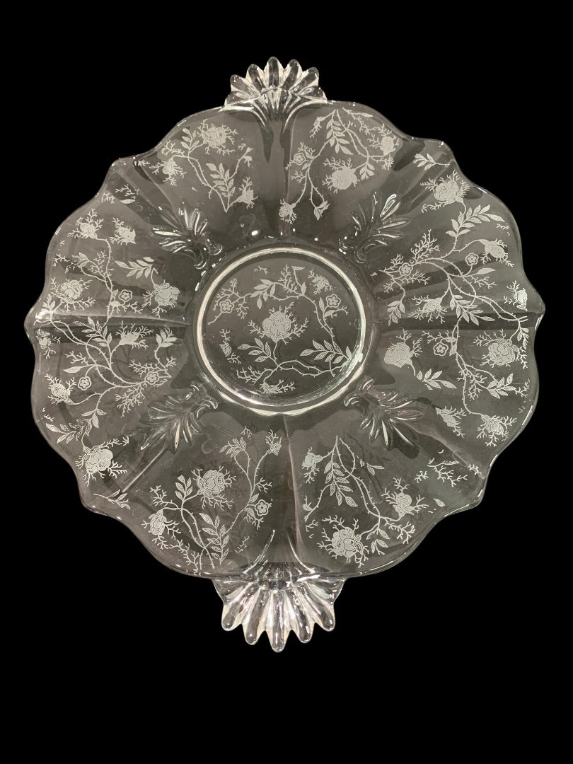 Fostoria Chintz Vintage Etched Glass Handled Cake Plate 10.25 Inch