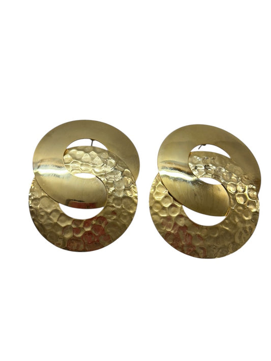 Vintage Goldtone Statement Earrings Hammered Pierced 2.2 Inch