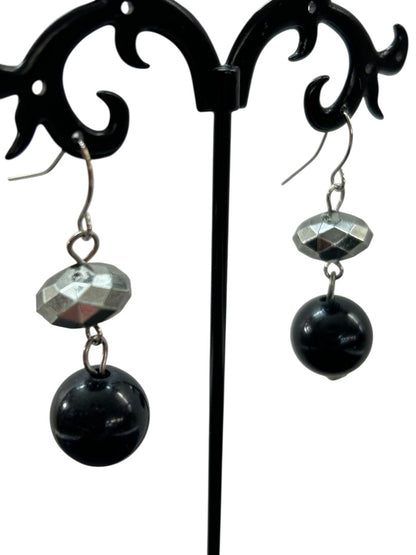 Silvertone Black Fish Hook Earrings 1.6 Inch Drop Pierced